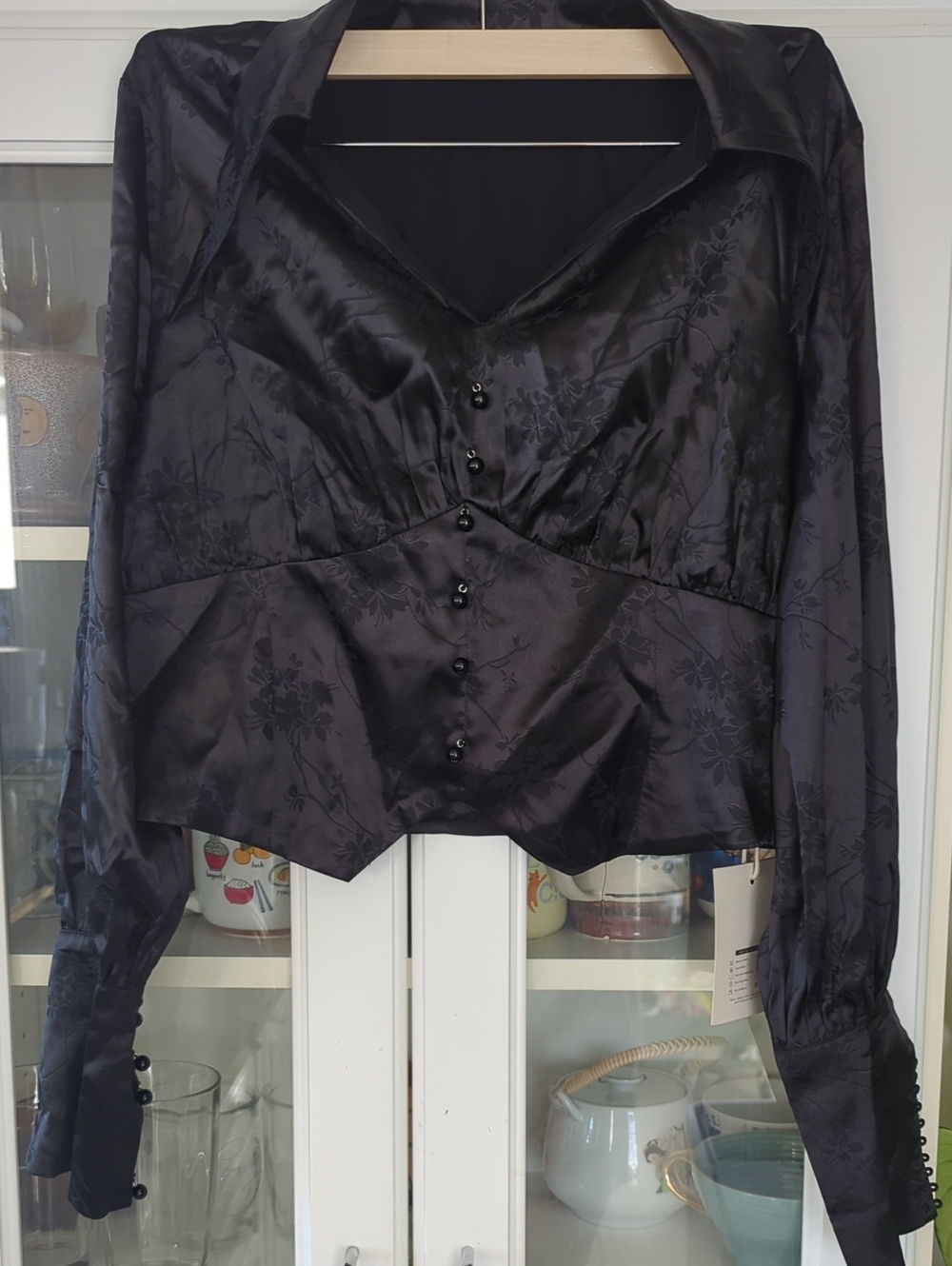 Black Satin Floral Jacquard Button-Down Blouse